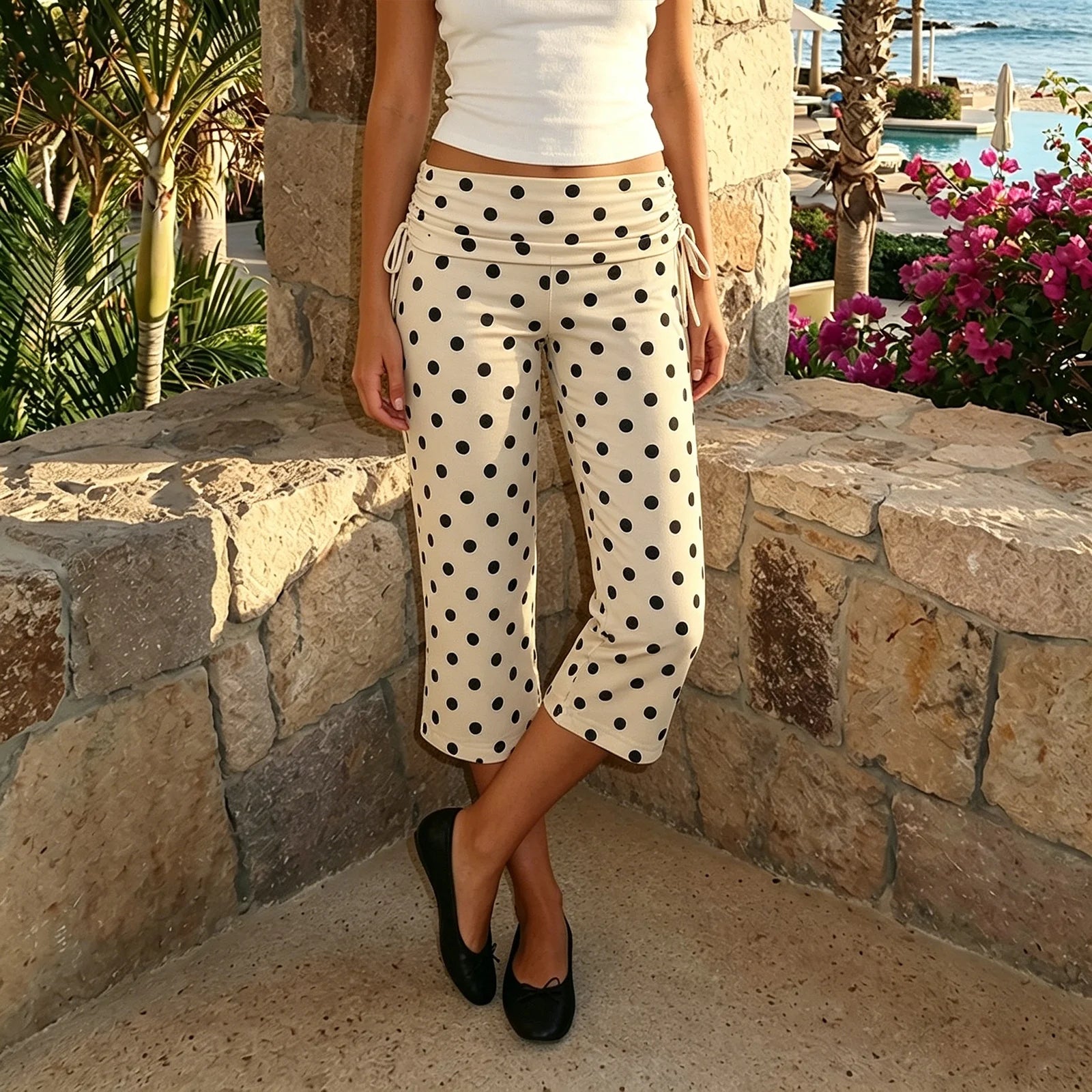 Pantalon Capri Taille Basse à Pois Rétro